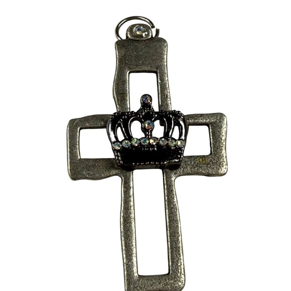 Silver Tone Metal Cross Pendant With Rhinestone Crown Embellishment for Necklace - Picture 1 of 15